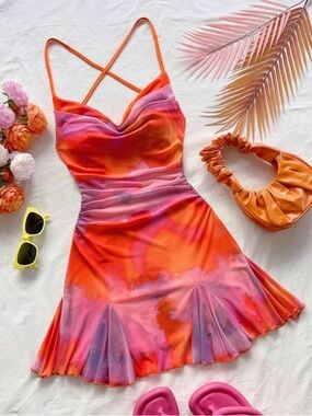 Vibrant Orange & Pink Tie-Dye Spaghetti Strap Dress